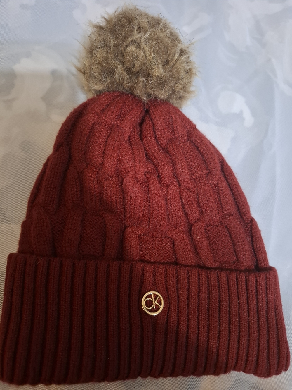 Calvin Klein Burgundy Knit Beanie with Faux-Fur Pom